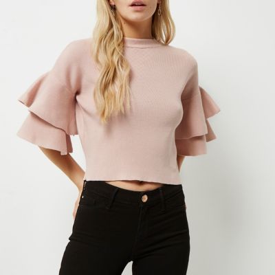 Petite pink knit double frill sleeve top
